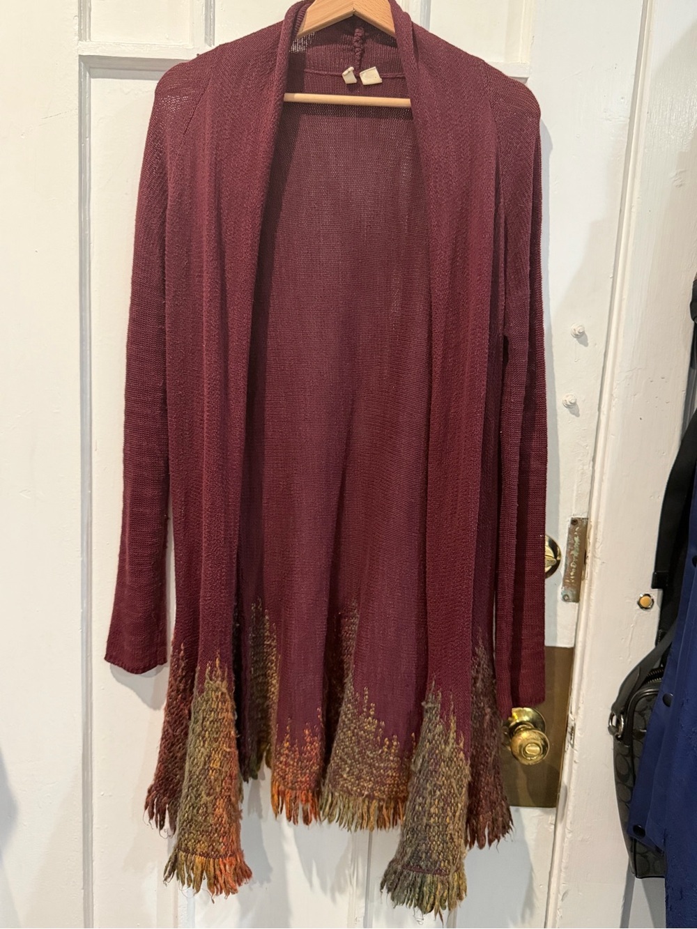 Anthropologie Moth Burgundy Open-Front Fringe Hem Cardigan